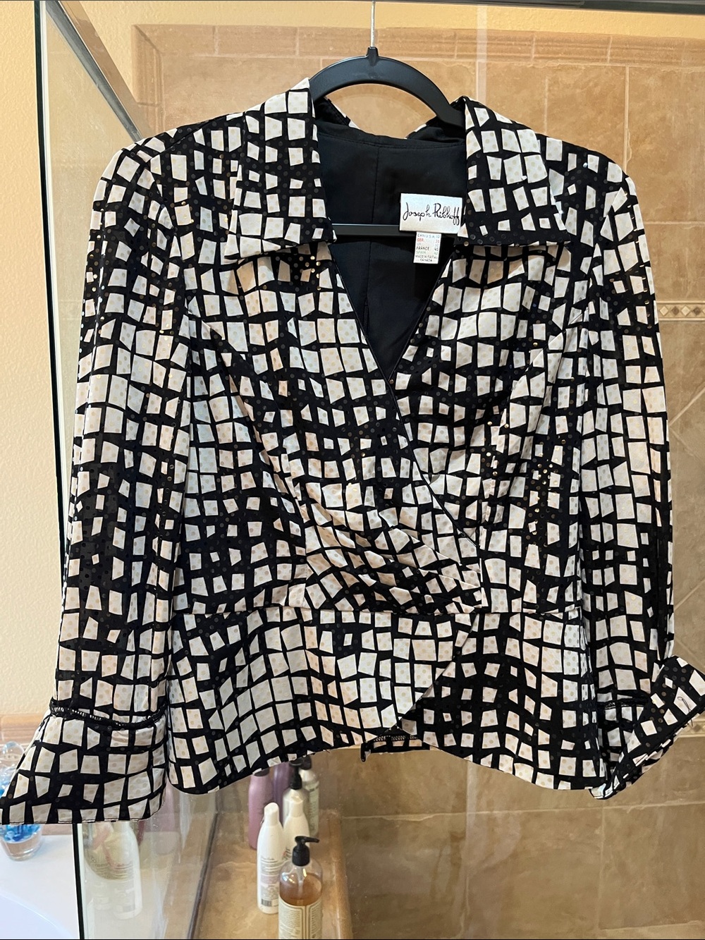 Joseph Ribkoff Black & Cream Geometric Wrap Top